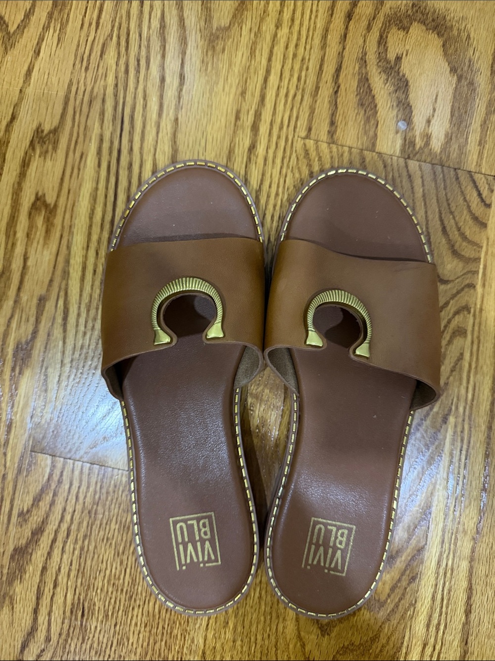Brown Leather Slide Sandals with Gold Accent